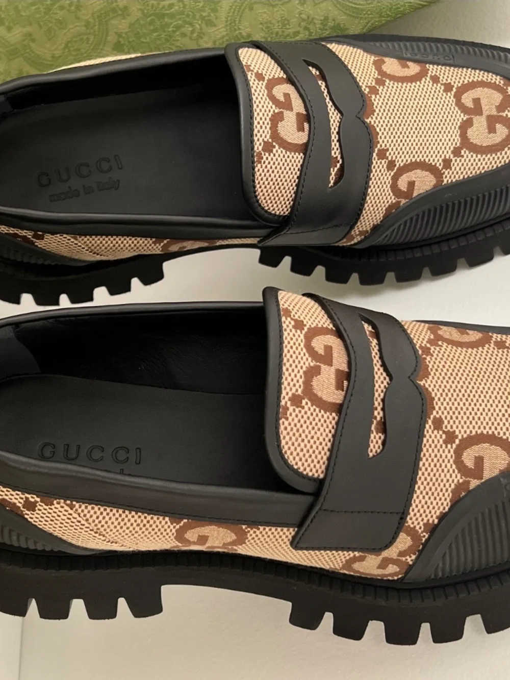 Gucci Men's Shoes Maxi GG Slip On Loafers Rubber Fabric Leather Size 10.5 US 11